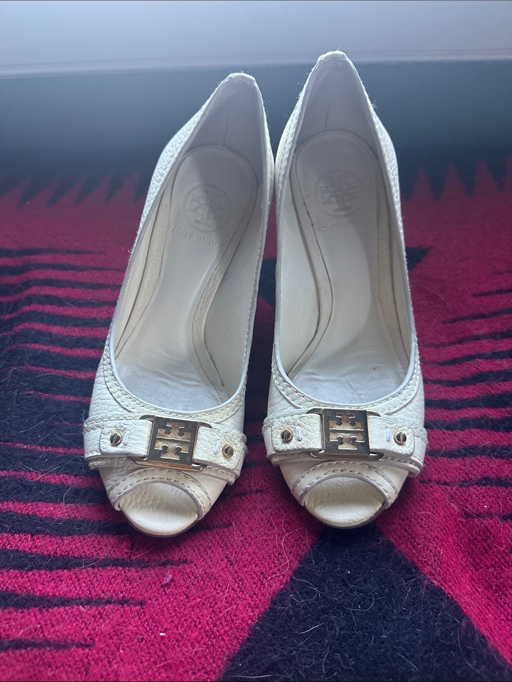Tory Burch Cream Leather Peep-Toe Heels with Gold Logo Accent
